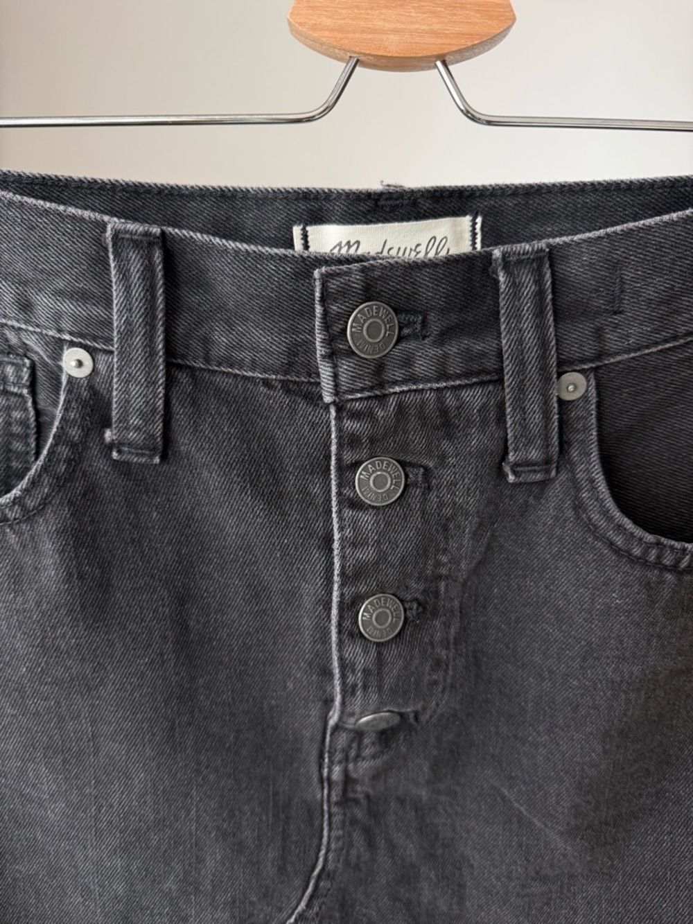 Madewell Black A-Line Denim Mini Skirt Lunar Wash Button Front, 28 - Picture 5 of 11